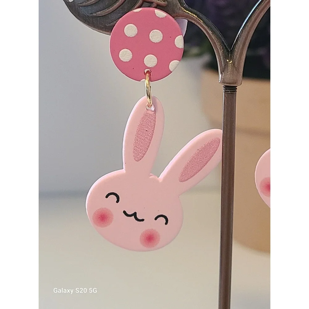 Pink Bunny Rabbit Polka Dot Drop Stud Earrings Handmade‎ Jewelry NEW Easter